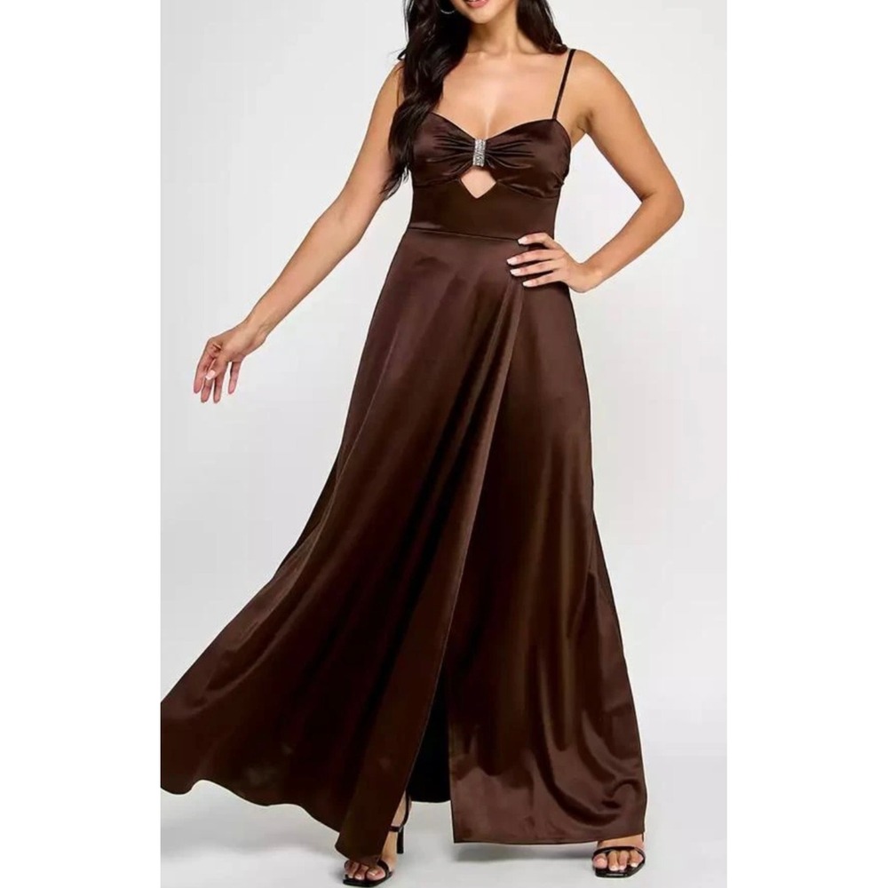 Jump Apparel Chocolate Brown Satin Rhinestone Prom Maxi Dress Size 3/4 NEW‎